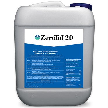 Biosafe Systems ZeroTol® 2.0 broad spectrum fungicide, bactericide, and algaecide in a 2.5-gallon container for sanitizing and cleaning.