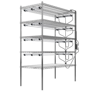 Bfgsupply Fluence RAZR modular grow light fixture array with 12 48-inch light bars and 8 3-bar frames in a 4-tier, 3-bar setup.
