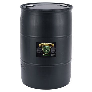 Bottle of Rhizoflora Terpinator® 0-0-4 nutrients by Bfgsupply in a 55-gallon container on a shelf.