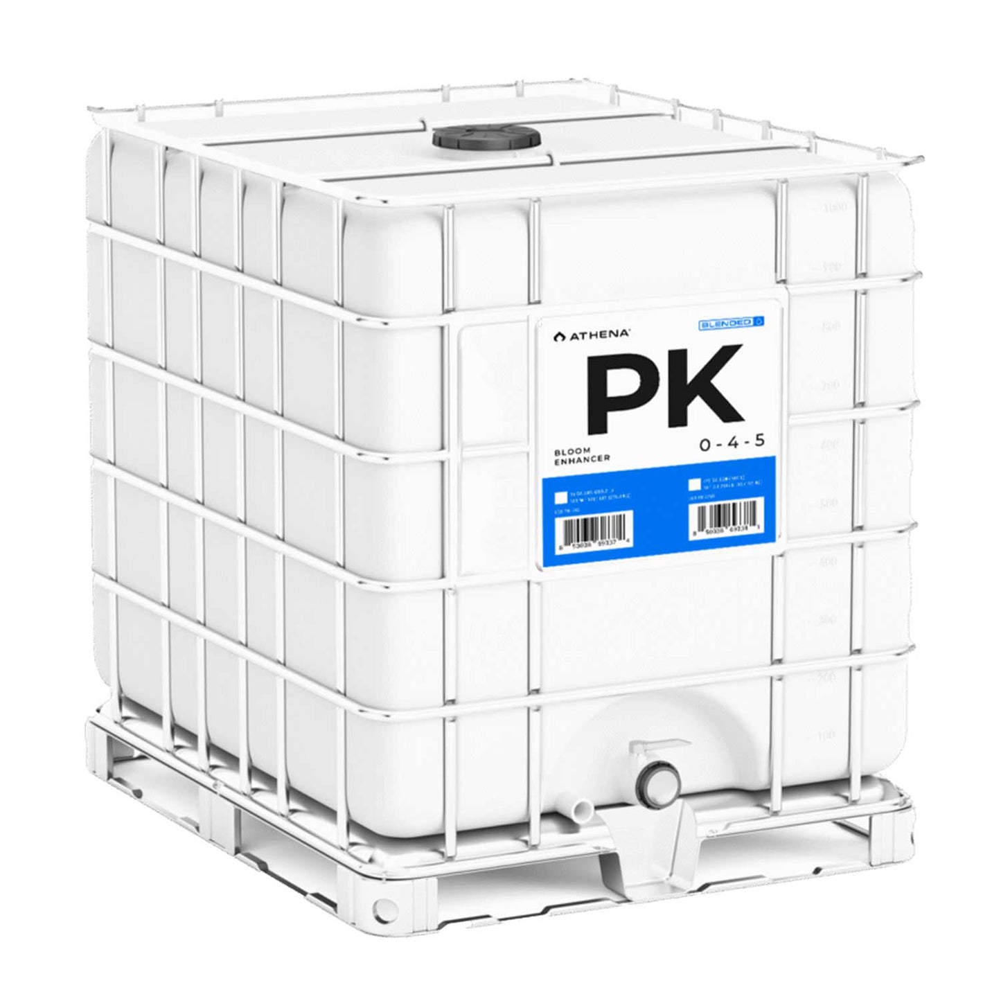 Athena PK Bloom Enhancer supplement for hydroponic nutrients, shown in a gallon container, used for plant growth enhancement.