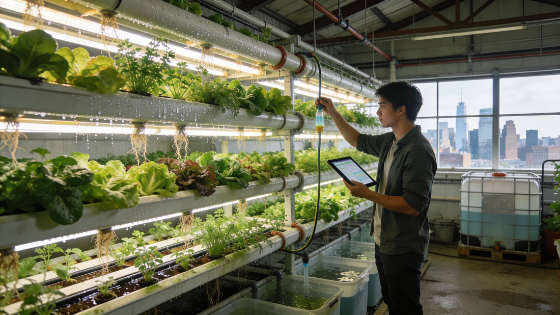 Photorealistic indoor vertical hydroponic farm in a city warehouse with a grower tending lush green crops under LED lights