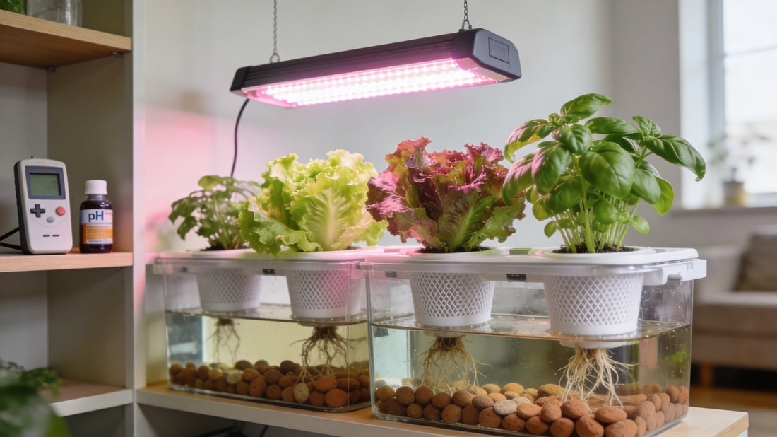 Example of an easy indoor hydroponics system for beginners with plants under LED lighting