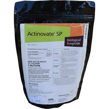 Actinovate® SP organic fungicide in 18oz container, Mycorrhizal Applications LLC, showing the product label and packaging.