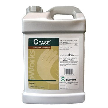 Bioworks Inc. CEASE fungicide in a 2.5-gallon container, OMRI listed for organic gardening and plant disease control.