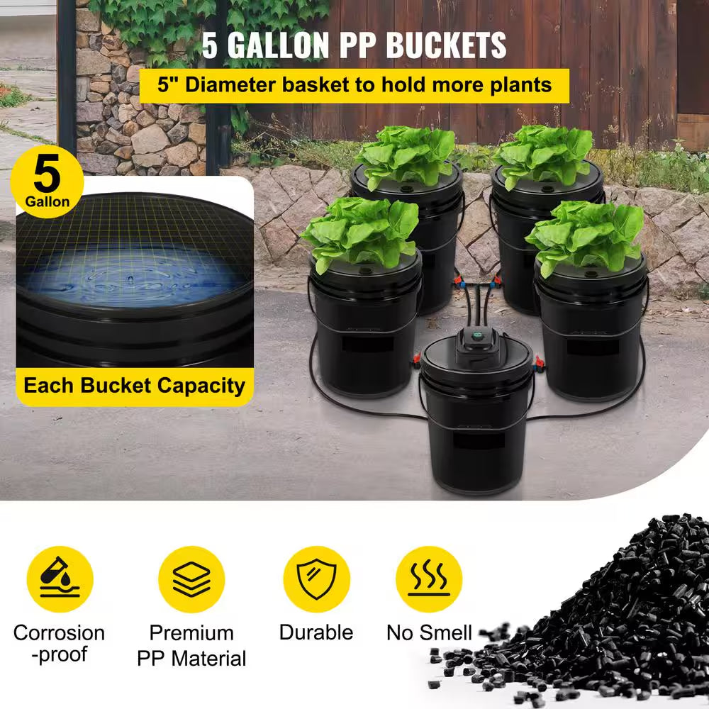 DWC Hydroponic System-5 Gal, 5 Buckets Deep Water Culture Kit with Pump, Air Stone, Reservoir for Indoor Vegetables