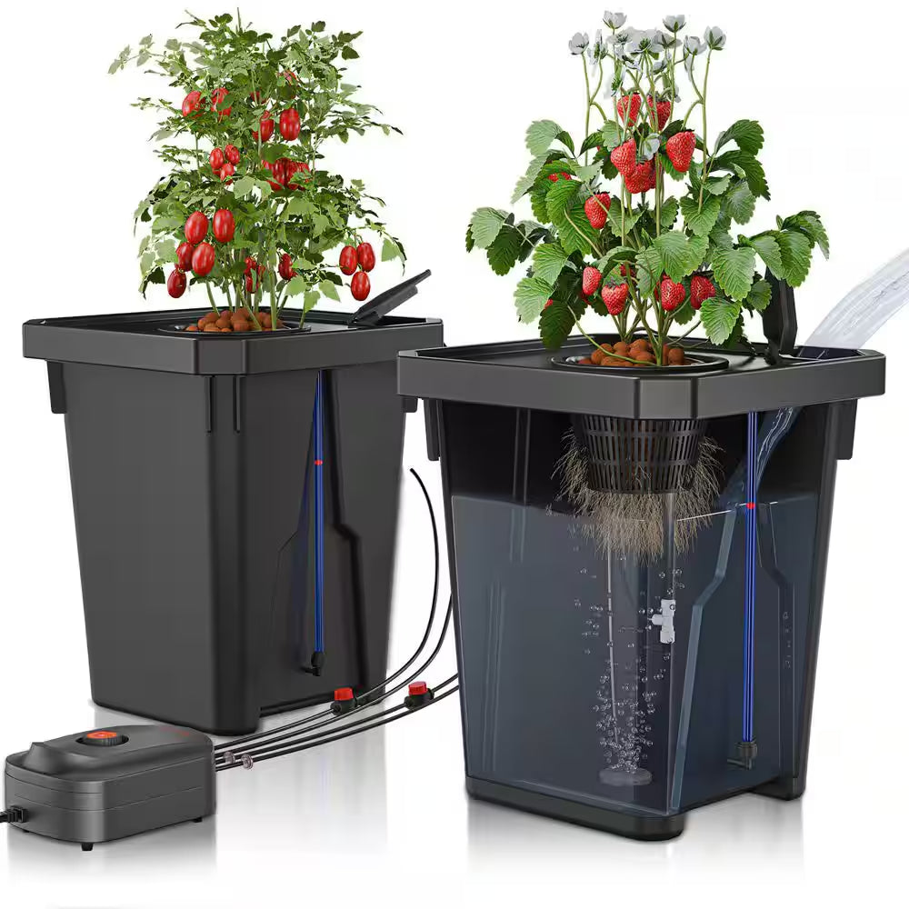 7-Gal Deep Water Culture Hydroponics System W/ Triangular Cover, Drip Irrigation Kit, Air Pump, 2 Buckets for Gardening