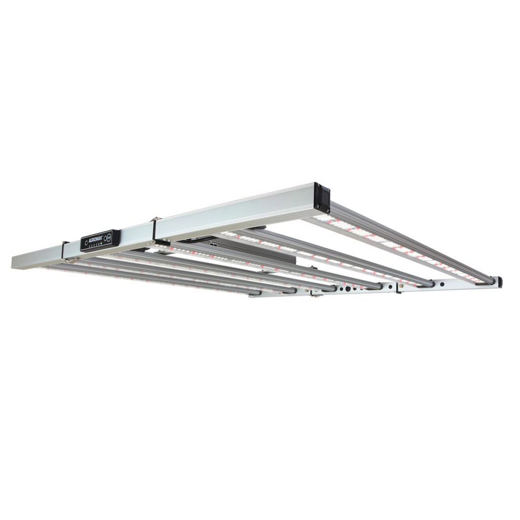 HTG Supply AgroMax Prime-2200X 760W LED grow light with full spectrum for indoor plant growth, shown in a modern grow setup.