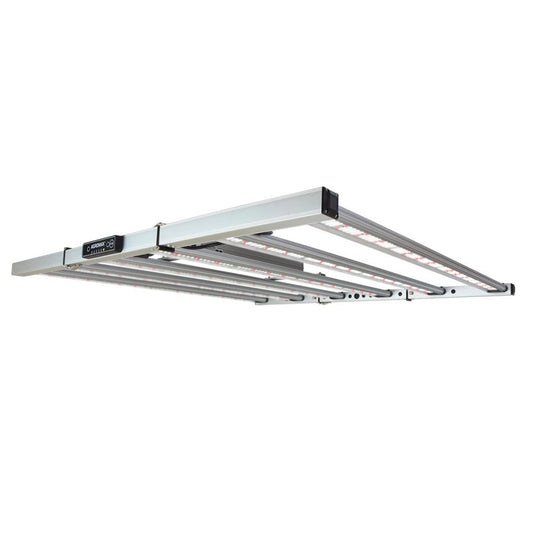 HTG Supply AgroMax Prime-2200X 760W LED grow light with full spectrum for indoor plant growth, shown in a modern grow setup.