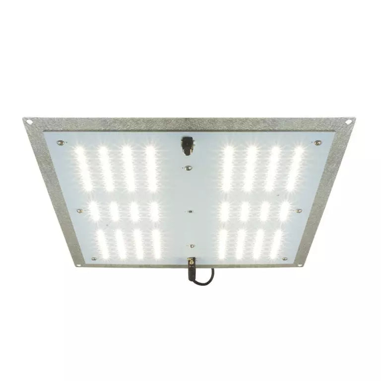 AgroMax RAW 65 3000K LED grow light for indoor plants, full spectrum, mounted on a ceiling with reflective hood