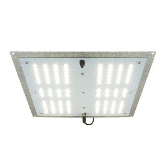 AgroMax RAW 65 3000K LED grow light for indoor plants, full spectrum, mounted on a ceiling with reflective hood