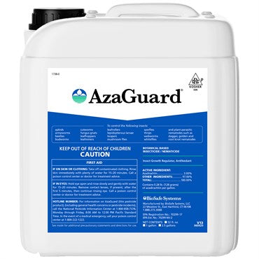 AzaGuard insecticide and nematicide bottle, 2.5 gallons, OMRI Listed, by BFGSupply, used for pest and nematode control.