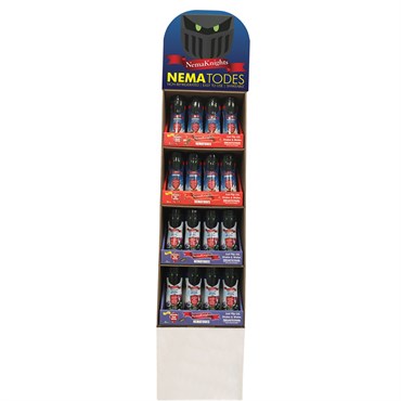 Enviro NemaKnights Nematodes pest control product in 48-piece retail display by The Environmental Factor, shown in packaging.