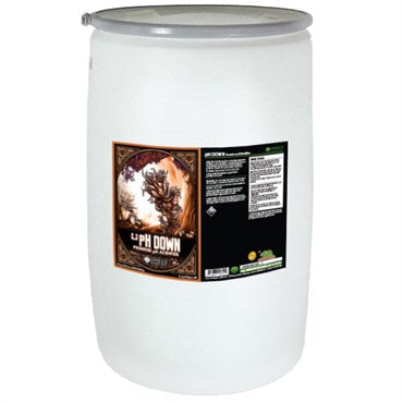 Emerald Harvest pH Down Adjuster in a 55-gallon drum, nutrient solution with pH 2.0 for plant pH regulation.