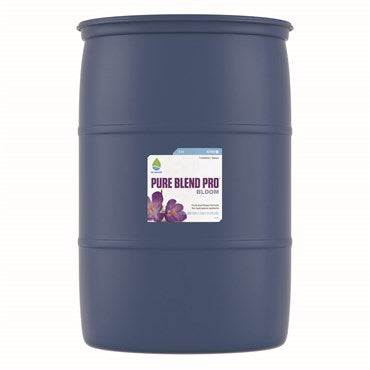 Botanicare Pure Blend Pro Bloom nutrients in a 55-gallon container, featuring a 2-3-5 fertilizer ratio for plant growth.