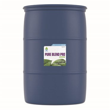 Botanicare Pure Blend Pro Grow nutrients in a 55-gallon container, featuring a 3-2-4 fertilizer blend for plant growth.