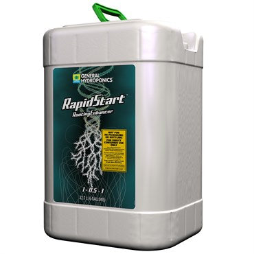 General Hydroponics RapidStart plant nutrients in a 6-gallon container, designed to enhance root development and plant growth.