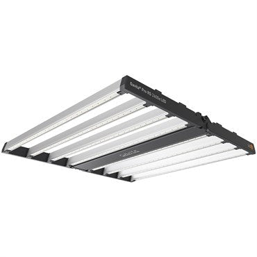 Gavita Pro RS 2400e LED grow light with full spectrum 750W, hanging above plants, 208-480V electrical connection.