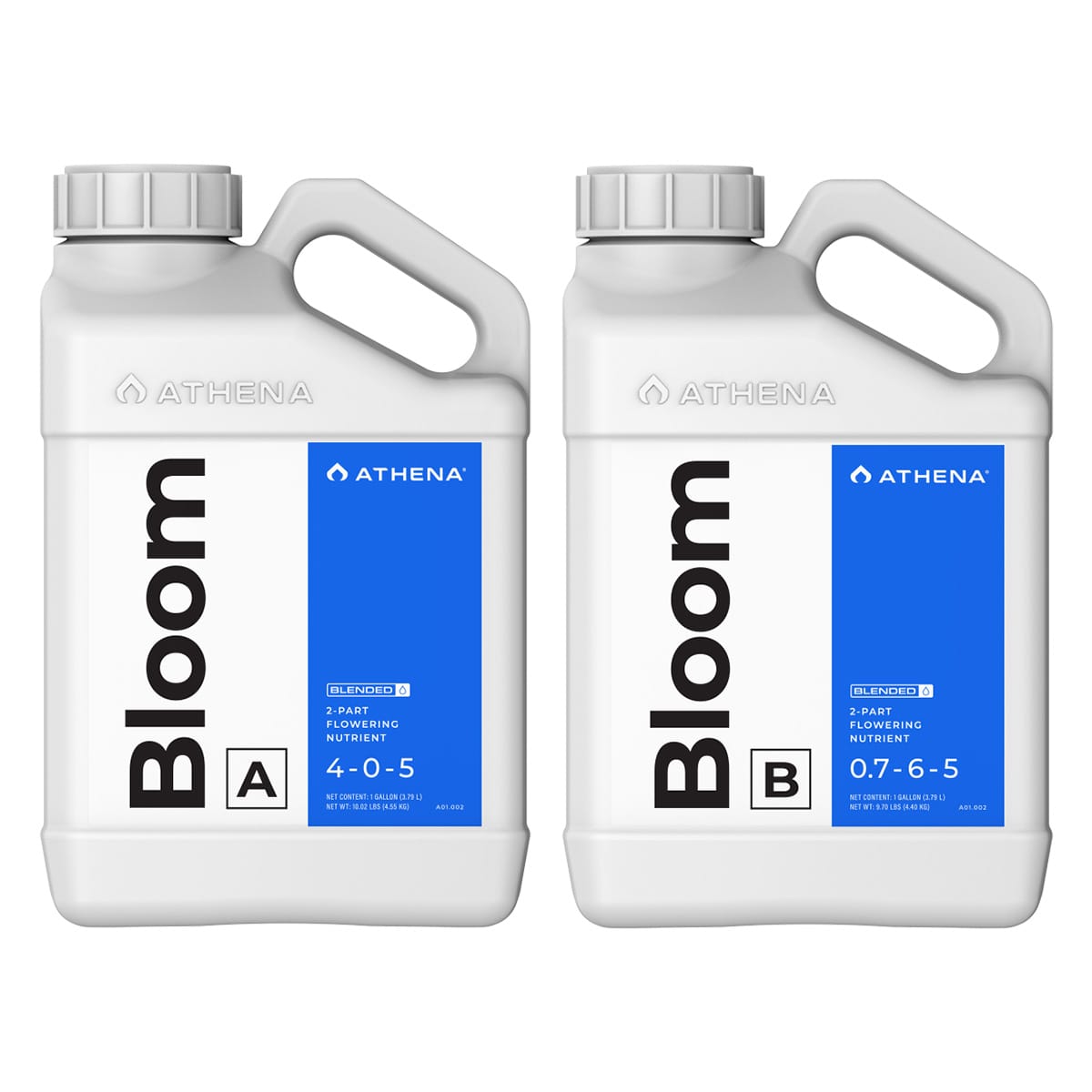 Athena Bloom A and B Hydroponic Nutrient Formula bottles, nutrient solution for plant growth, branded ATHENA, shown in gallons.