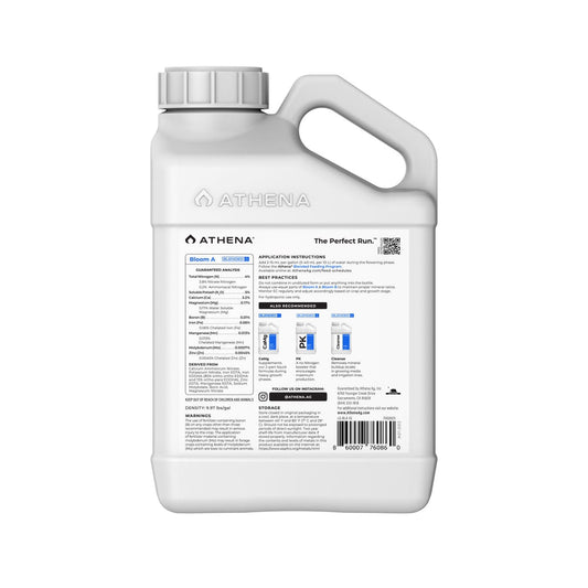 ATHENA Bloom A and B nutrient formula bottles for hydroponic gardening, designed to promote healthy plant growth.