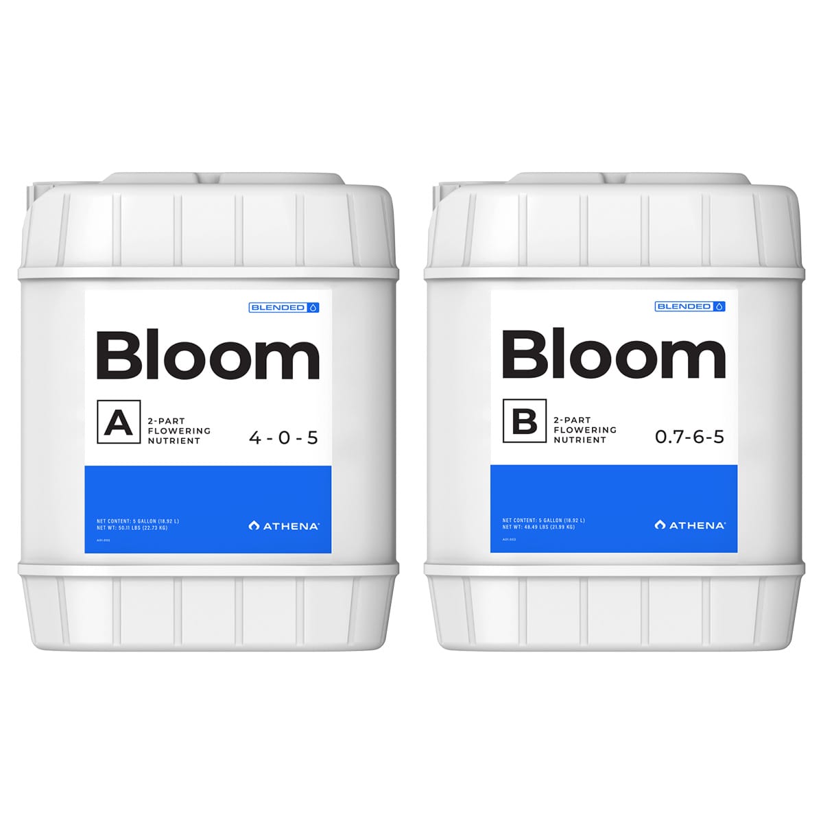 Athena Bloom A and B hydroponic nutrient formula bottles, nutrient solution for plant growth, by ATHENA.