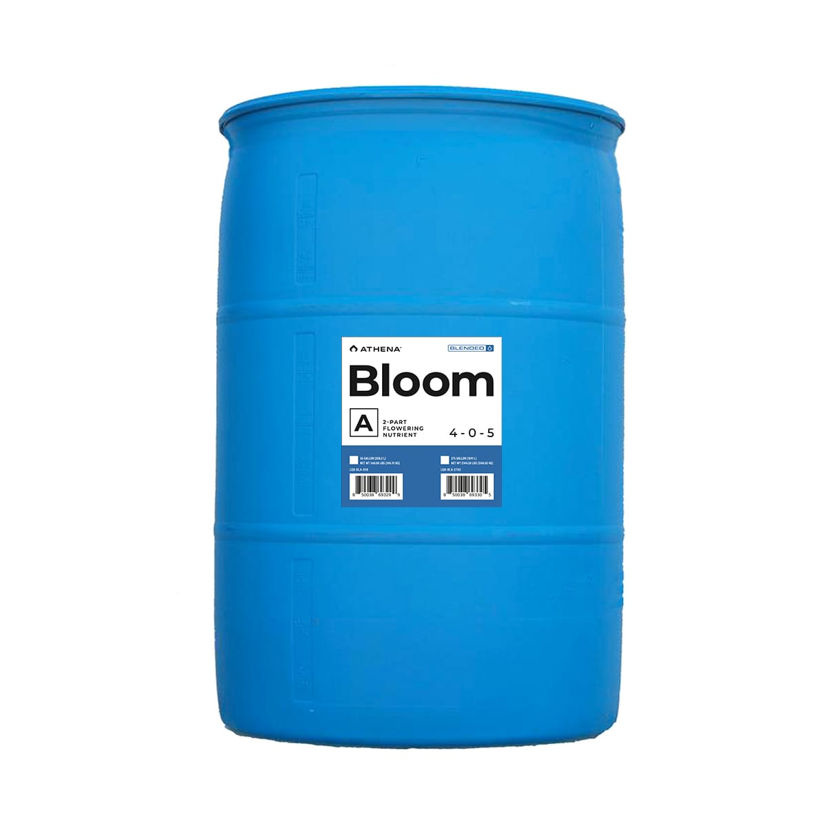 ATHENA Bloom A and B hydroponic nutrient bottles, plant nutrient formula for healthy growth, in gallons.
