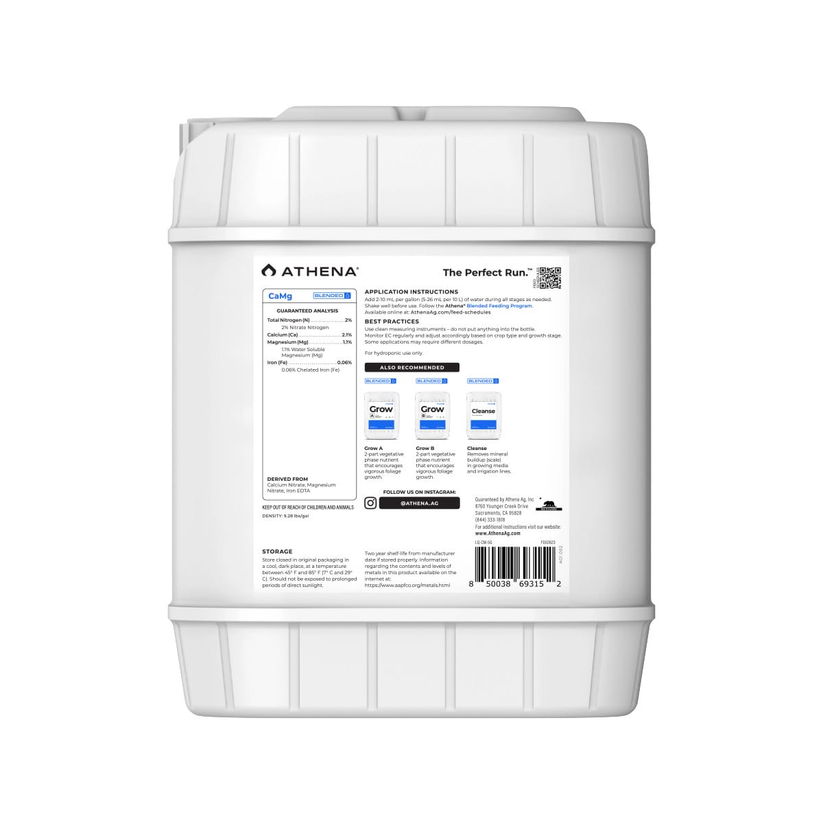ATHENA Liquid Calcium Magnesium hydroponic nutrients in a gallon container, used for plant growth and health.