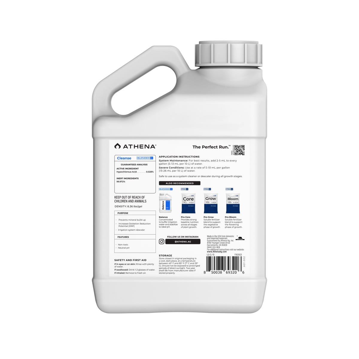 ATHENA Liquid Cleanse hydroponic nutrient gallon bottle, a flushing agent for plant health and nutrient management.