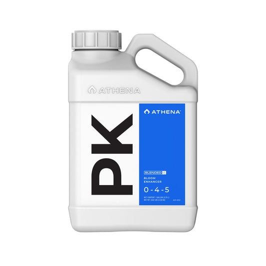 ATHENA PK Bloom Enhancer supplement in gallon bottle, hydroponic nutrients for plant growth and flowering.