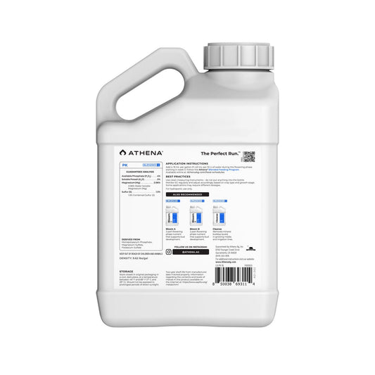 ATHENA PK Bloom Enhancer supplement for hydroponic nutrients, shown in a gallon container, used to promote flowering in plants.