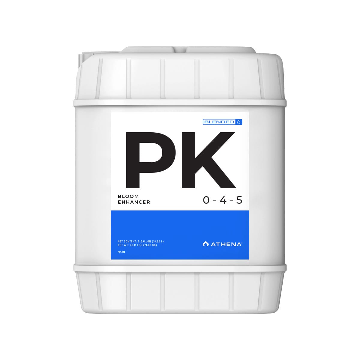 ATHENA PK Bloom Enhancer supplement for hydroponic nutrients, shown in a gallon container with label details.