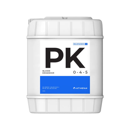 ATHENA PK Bloom Enhancer supplement for hydroponic nutrients, shown in a gallon container with label details.
