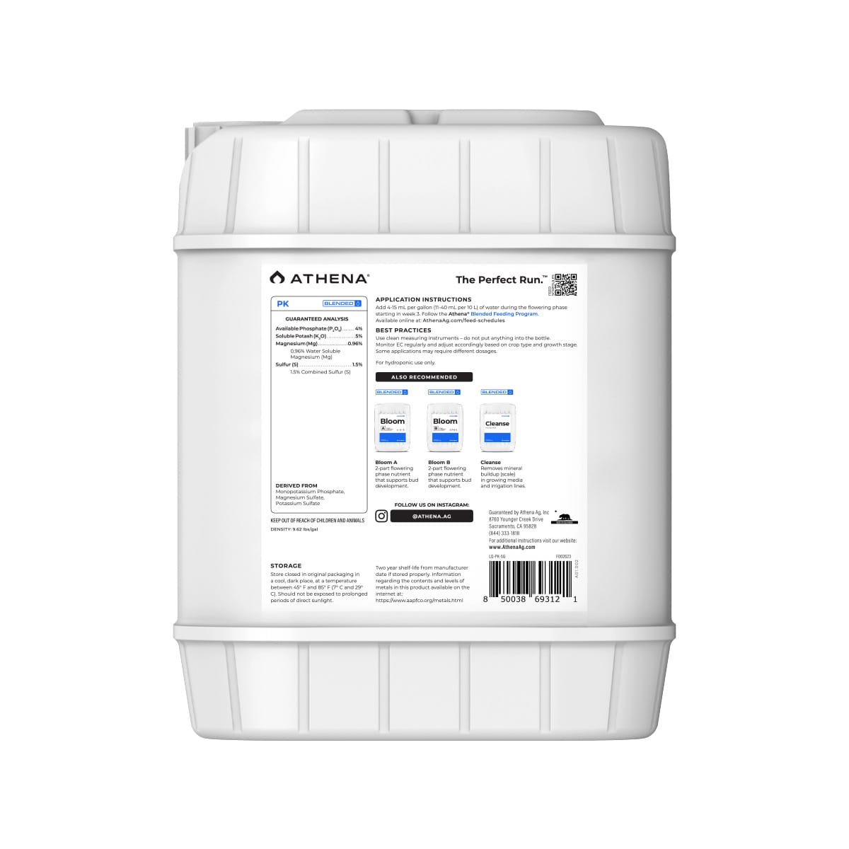 Athena PK Bloom Enhancer supplement for hydroponic nutrients, showing a gallon bottle of ATHENA brand plant growth enhancer.