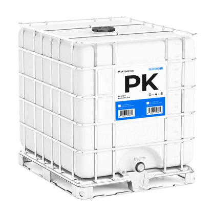 Athena PK Bloom Enhancer supplement for hydroponic nutrients, shown in a gallon container, used for plant growth enhancement.