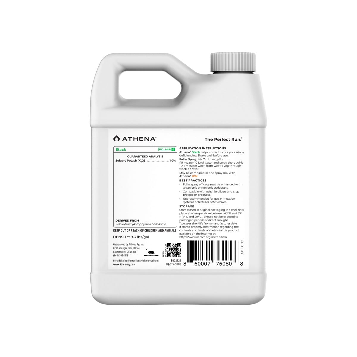Athena Stack Kelp Extract hydroponic nutrient bottle from ATHENA, showing the label and product container for plant growth.