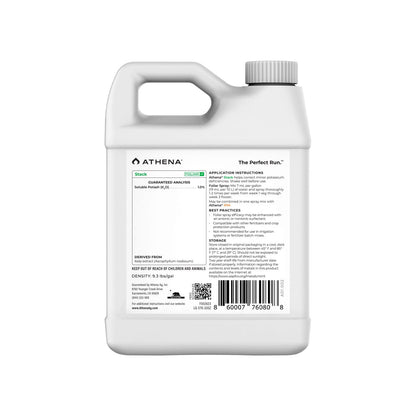 Athena Stack Kelp Extract hydroponic nutrient bottle from ATHENA, showing the label and product container for plant growth.