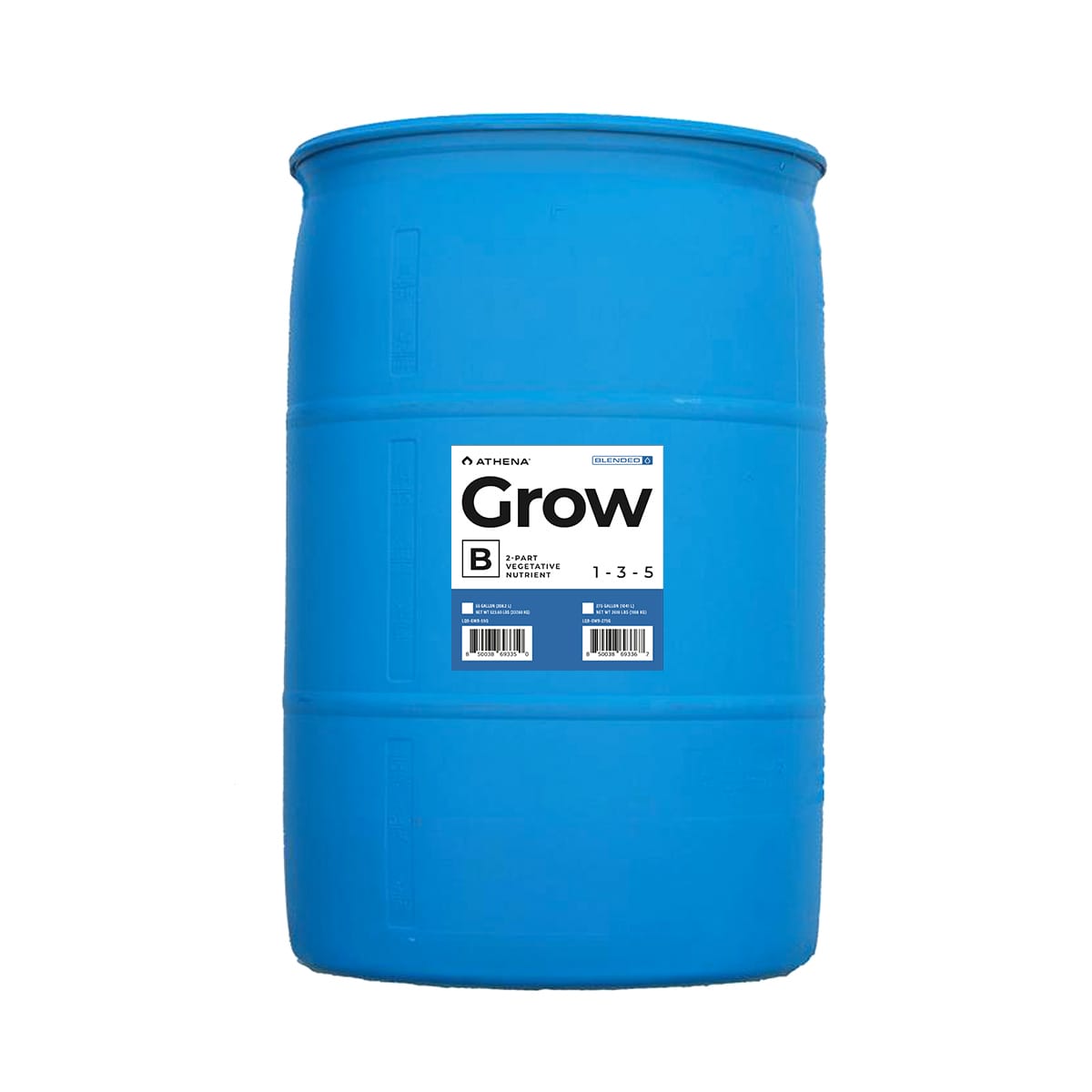 Athena Grow B hydroponic nutrients in a 55-gallon bulk container, designed for optimal plant growth and nutrient delivery.
