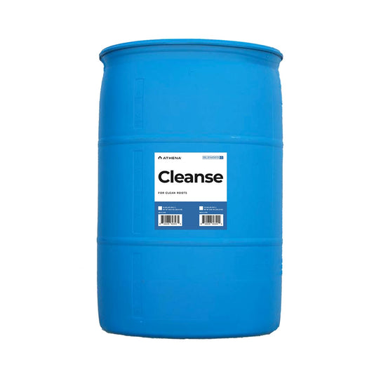 Athena Liquid Cleanse hydroponic nutrients in a 55-gallon bulk drum, used for cleaning and maintaining hydroponic systems.
