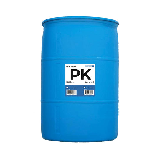 Athena PK 55-gallon bloom enhancer for hydroponic nutrients, showing large container with label and product details