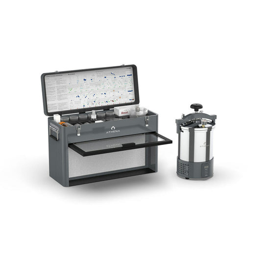 ATHENA tissue culture kit for plant cloning, showing sterile containers and plant tissue samples in a professional plant cloning setup.