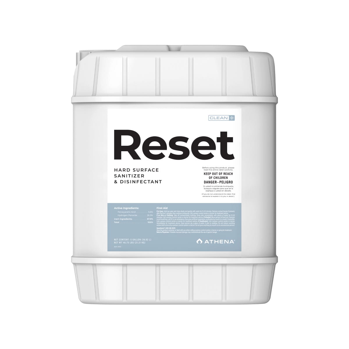 ATHENA Reset Sanitizer and Disinfectant 5-gallon container, tools and accessories for cleaning and sanitation purposes.