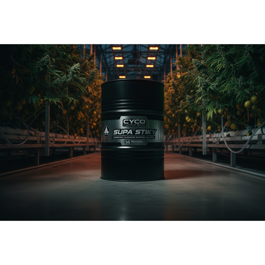 CYCO™ Platinum Series Supa Stiky nutrients in a 55-gallon container, used for plant growth and flowering.