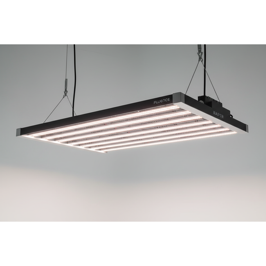 Fluence RAPTR LED grow light in 39.6-inch PhysioSpec BROAD R4 indoor spectrum, designed for plant growth and indoor gardening.