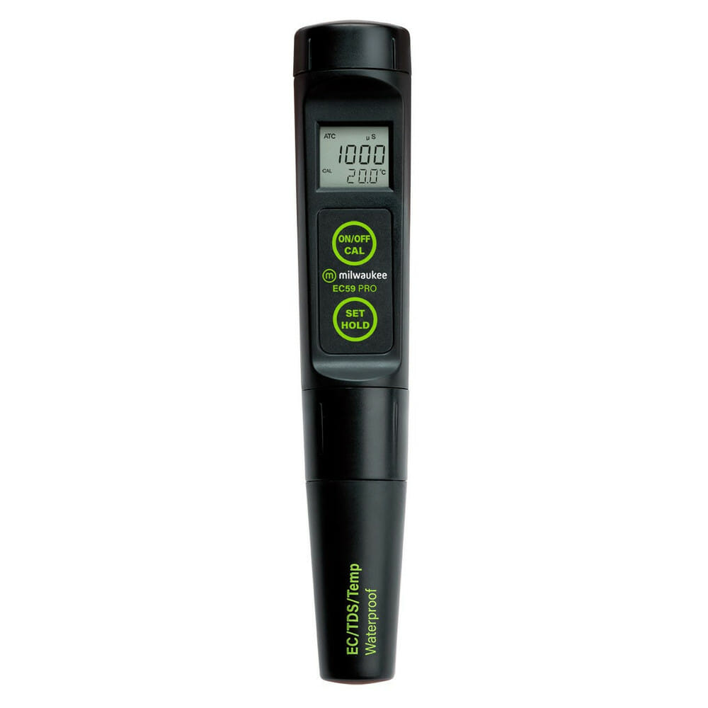 Milwaukee EC59 waterproof 3-in-1 EC/TDS/Temp tester for grow room control systems, showcasing the digital display and probes.