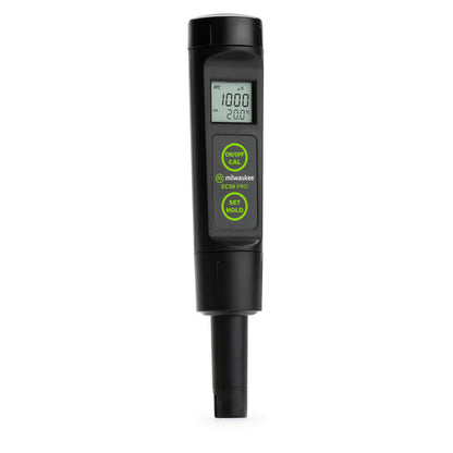 Milwaukee EC59 waterproof 3-in-1 EC, TDS, and temperature tester with digital display for grow room control systems.