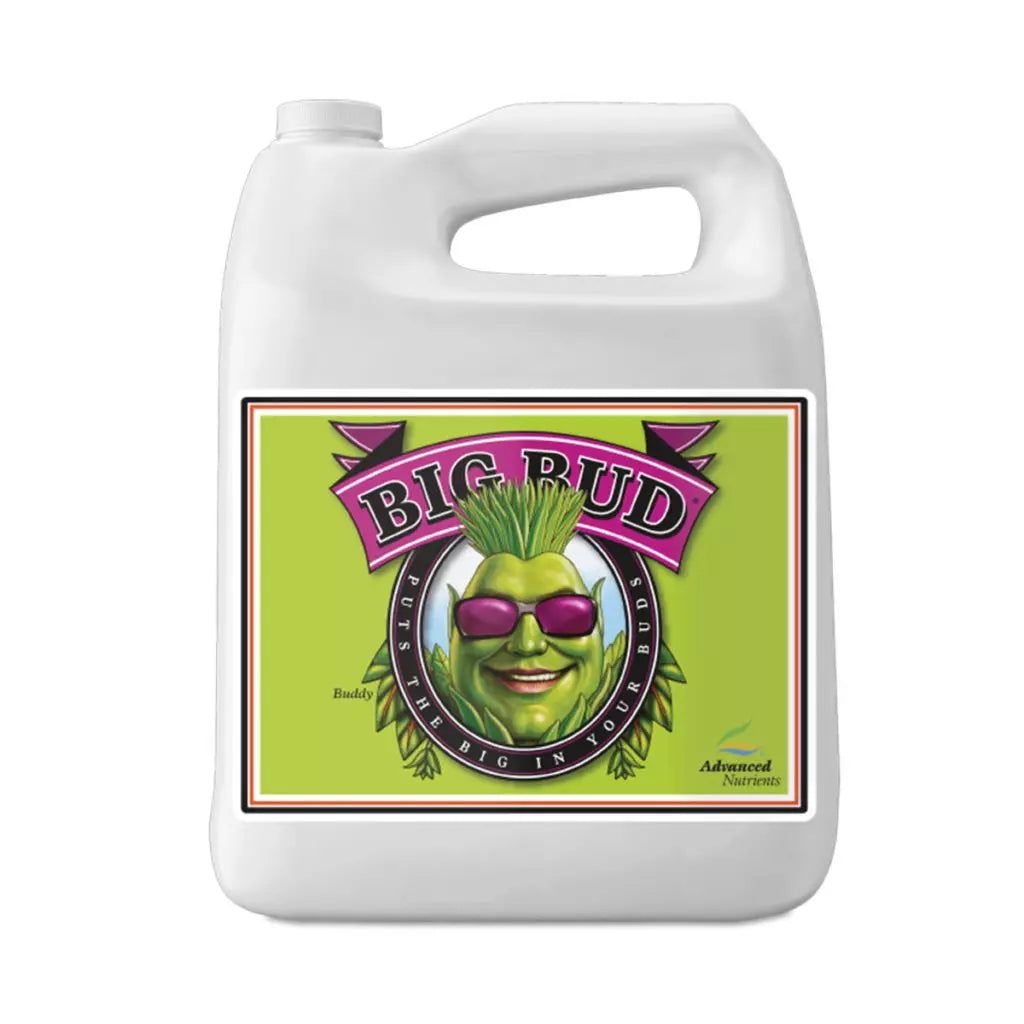 Advanced Nutrients Big Bud liquid bloom booster for hydroponic nutrients, 4-liter bottle, enhances plant flowering and growth.
