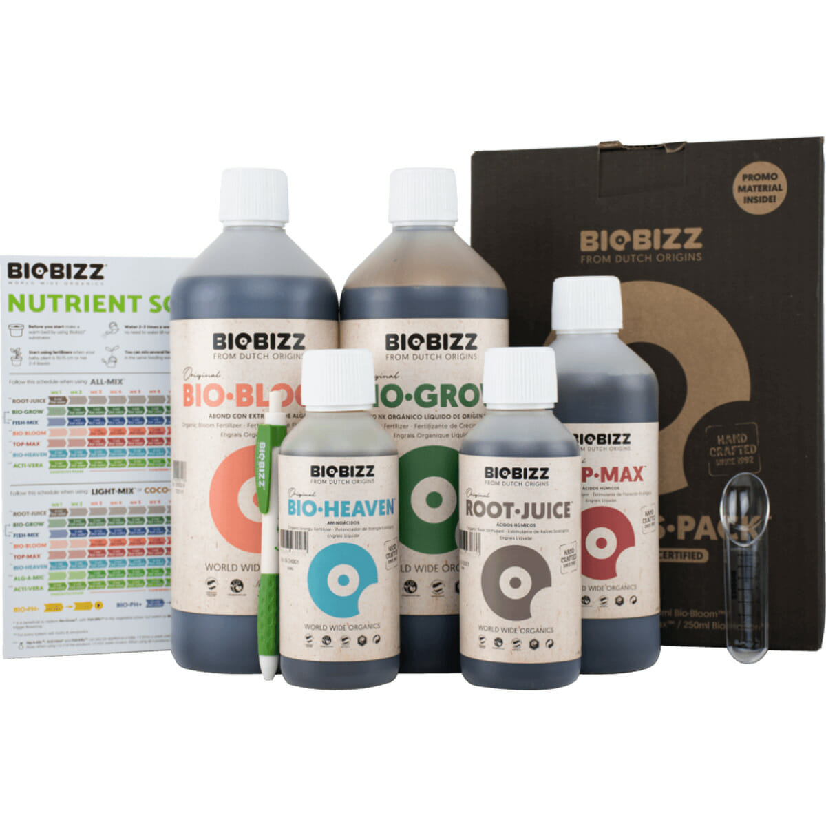 BioBizz Organic Starter Pack hydroponic nutrients kit by htgsupply with organic nutrient bottles and packaging visible.