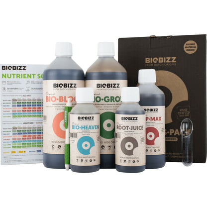 BioBizz Organic Starter Pack hydroponic nutrients kit by htgsupply with organic nutrient bottles and packaging visible.