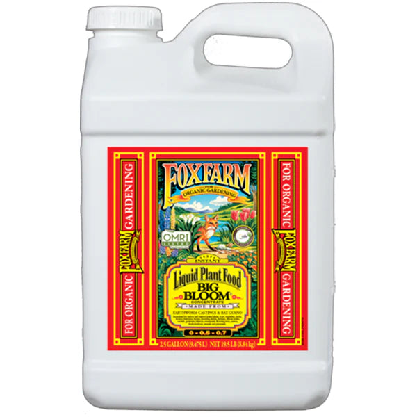 FoxFarm Big Bloom liquid plant food in a 2.5-gallon container, OMRI listed organic hydroponic nutrient for healthy plant growth.