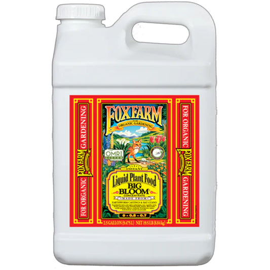FoxFarm Big Bloom liquid plant food in a 2.5-gallon container, OMRI listed organic hydroponic nutrient for healthy plant growth.