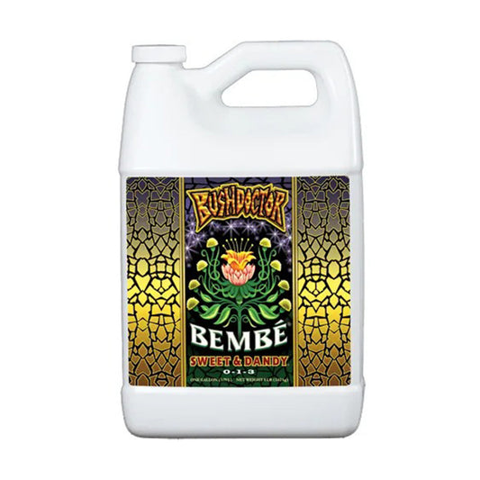 FoxFarm Bush Doctor Bembé Liquid Sweetener in a gallon container, used as hydroponic nutrient for plant growth.